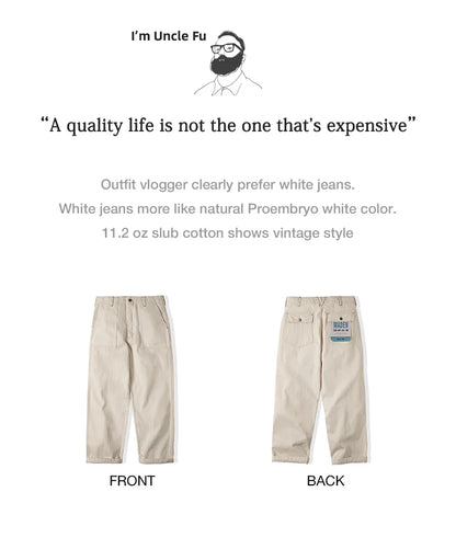 Maden Vintage Style 11.2oz White Cottonseed Hull Loose Straight-Leg Jeans for Men – Casual Spring &amp; Autumn Chino-Inspired Cargo Trousers &nbsp;