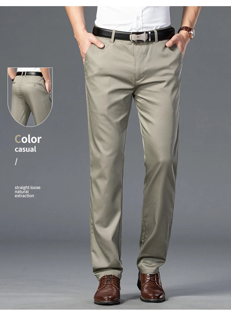 Men's Lightweight Summer Slim-Fit Suit Trousers – Business Casual Cotton Pants in Green, Black, and Khaki (Sizes 30–40)