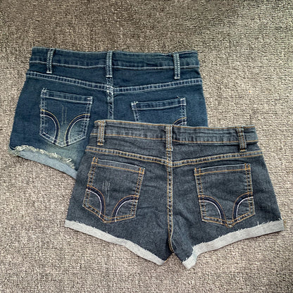 Summer Korean Style Low Waist Slim Fit Denim Shorts for Women, Y2K Elastic Hot Pants with Embroidery and Wrapped Design