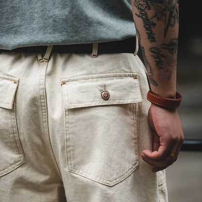 Maden Men's 11.2oz Retro White Cotton Denim Jeans – Loose Straight Fit Casual Long Pants, Streetwear-Inspired Cargo Sweatpants