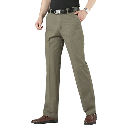 Men's Solid Cotton Straight-Leg Chino Pants – Business Casual Trousers with Belt, Ideal for Autumn &amp; Winter – Classic Formal Style for Adults &amp; Seniors