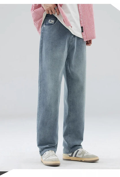 Vintage Men’s Baggy Jeans – Korean Style Starry Sky Fabric, Straight Fit Casual Denim Trousers, High Street Personalized Pants