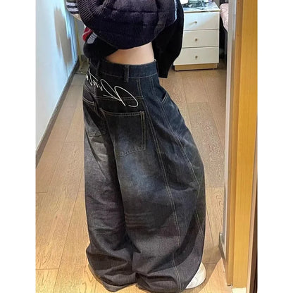 Women’s Black High-Waist Vintage Jeans – Hip Hop Straight Baggy Wide-Leg Denim Pants in Y2K American Street Style
