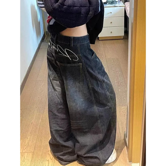 Women’s Black High-Waist Vintage Jeans – Hip Hop Straight Baggy Wide-Leg Denim Pants in Y2K American Street Style