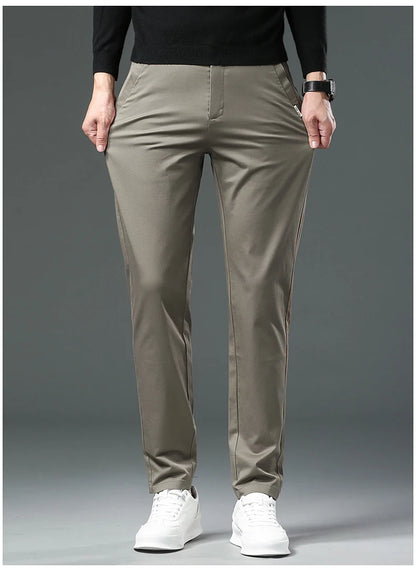 Men’s Classic Straight-Leg Cotton Trousers – 98% Cotton, Breathable Business Casual Pants with Elastic Comfort – Ideal for Spring &amp; Summer