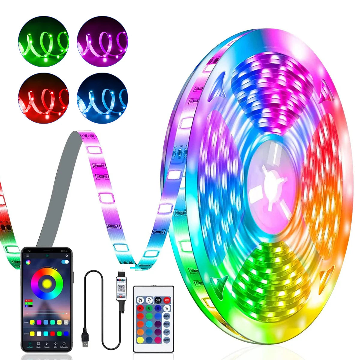 5V RGB LED Strip Lights, 1M-30M, 16 Million Colors, Music Sync, Color Changing LED Lighting for Parties and Home Decor
