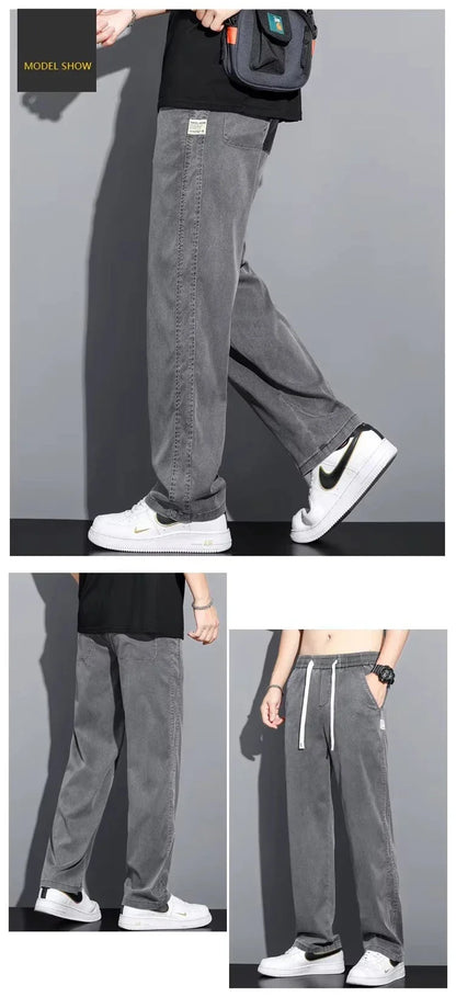 2025 Summer Men's Lightweight Lyocell Jeans – Loose Fit, Straight-Leg Casual Pants with Elastic Waist and Drawstring, Korean Style &nbsp;