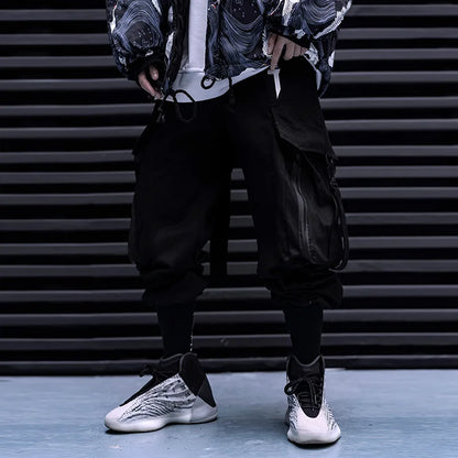2023 Embroidered Ribbon Techwear Cargo Pants – Harajuku Punk Harem Trousers with Large Utility Pockets for Men & Women