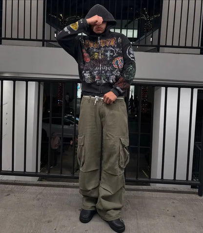 Y2K Vintage Goth Anime Zipper Hoodie – Unisex Oversized Dark Style Sweatshirt, American Streetwear