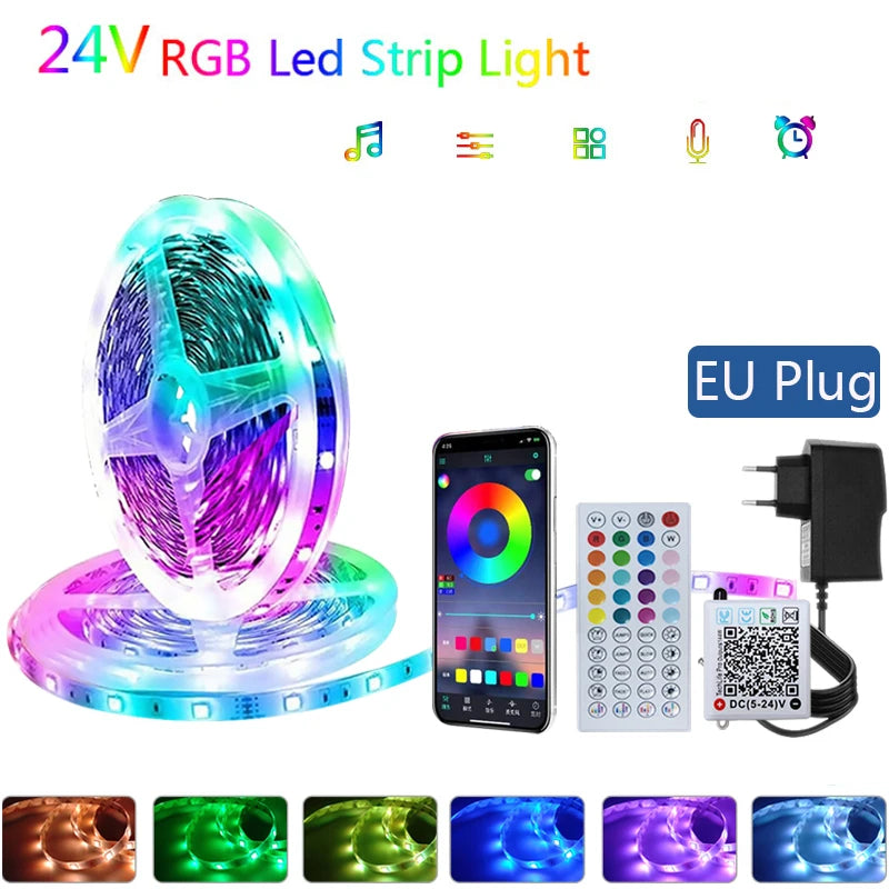24V Music Sync RGB LED Strip Lights – 10m to 40m Flexible Light Strips for Bedroom, Room Decor, and TV Backlighting