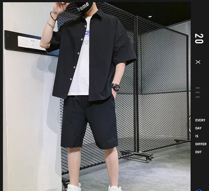 2025 Trendy Korean-Style Men's Summer Outfit – Casual Two-Piece Set Featuring Short Sleeve Shirt &amp; Matching Shorts, Stylish High Street Look for Daily &amp; Streetwear Fashion
