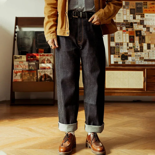 Men’s Relaxed Straight Raw Selvedge Denim Jeans – “Red Tornado” Style