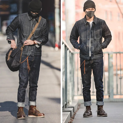Maden 14oz Raw Selvedge Denim Jeans for Men – Vintage Straight Fit with Horsehide Leather Patch, Paris Buckle Style – Ideal for Spring & Fall