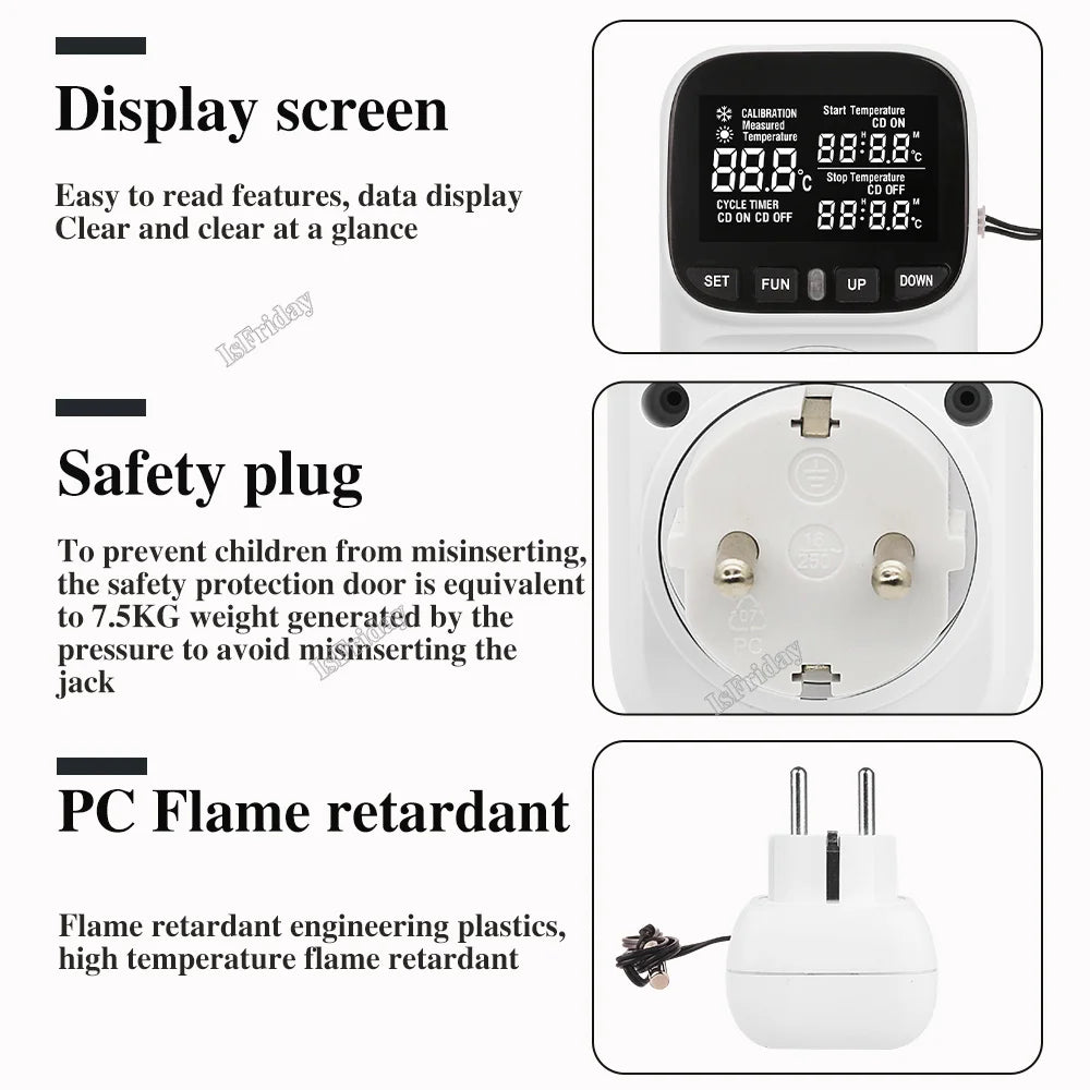 Smart Thermostat Plug with Temperature Control – 16A EU Socket, LCD Display, Timer & Sensor, 220V High-Precision