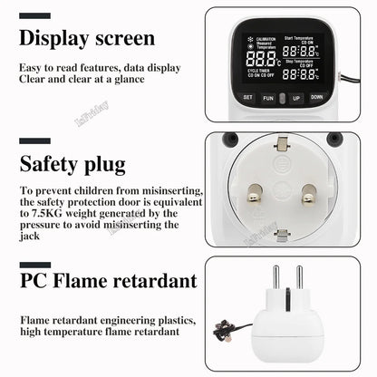 Smart Thermostat Plug with Temperature Control – 16A EU Socket, LCD Display, Timer & Sensor, 220V High-Precision
