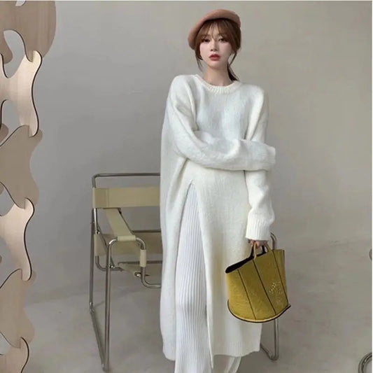 Chic Lazy Style Women’s Pullover Dress with Side Slits – Irregular Hem Slim Fit Knee-Length Knit Sweater Skirt