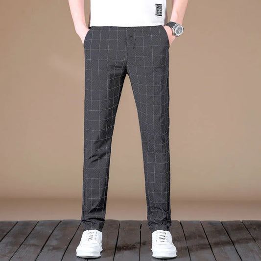 2025 Men's Formal Elastic Waist Straight-Leg Suit Pants – Business Casual Long Trousers in Solid Black and Grey