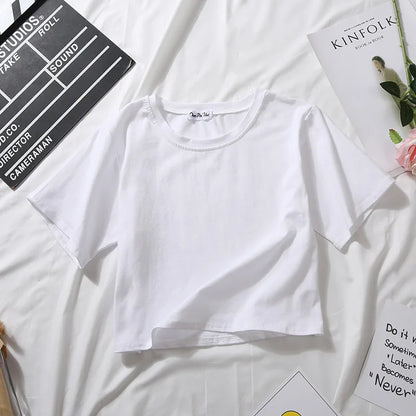 Women’s Summer Casual Cotton Short Sleeve Crop Top – Solid Color O-Neck Loose Fit T-ShirtT