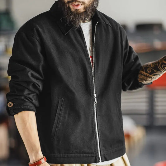 Men’s Heavyweight Vintage “IKE” Zip-Up Jacket – Black Cotton Coat with Collar, Casual Outdoor / Mountain Style for Spring & Fall