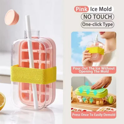 No-Spill Ice Cube Tray with Lid – Touch-Free Silicone Ice Mold for Freezer with Straw & Cable Tie