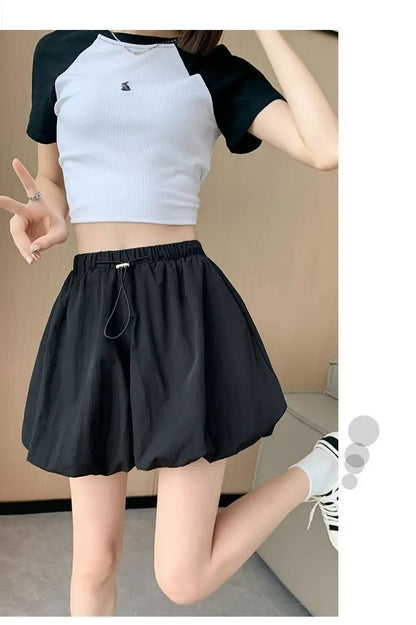 Women's High-Waist Lantern Shorts – Casual Summer Streetwear with Pockets, Relaxed Fit for Students, Youth, and Everyday Wear