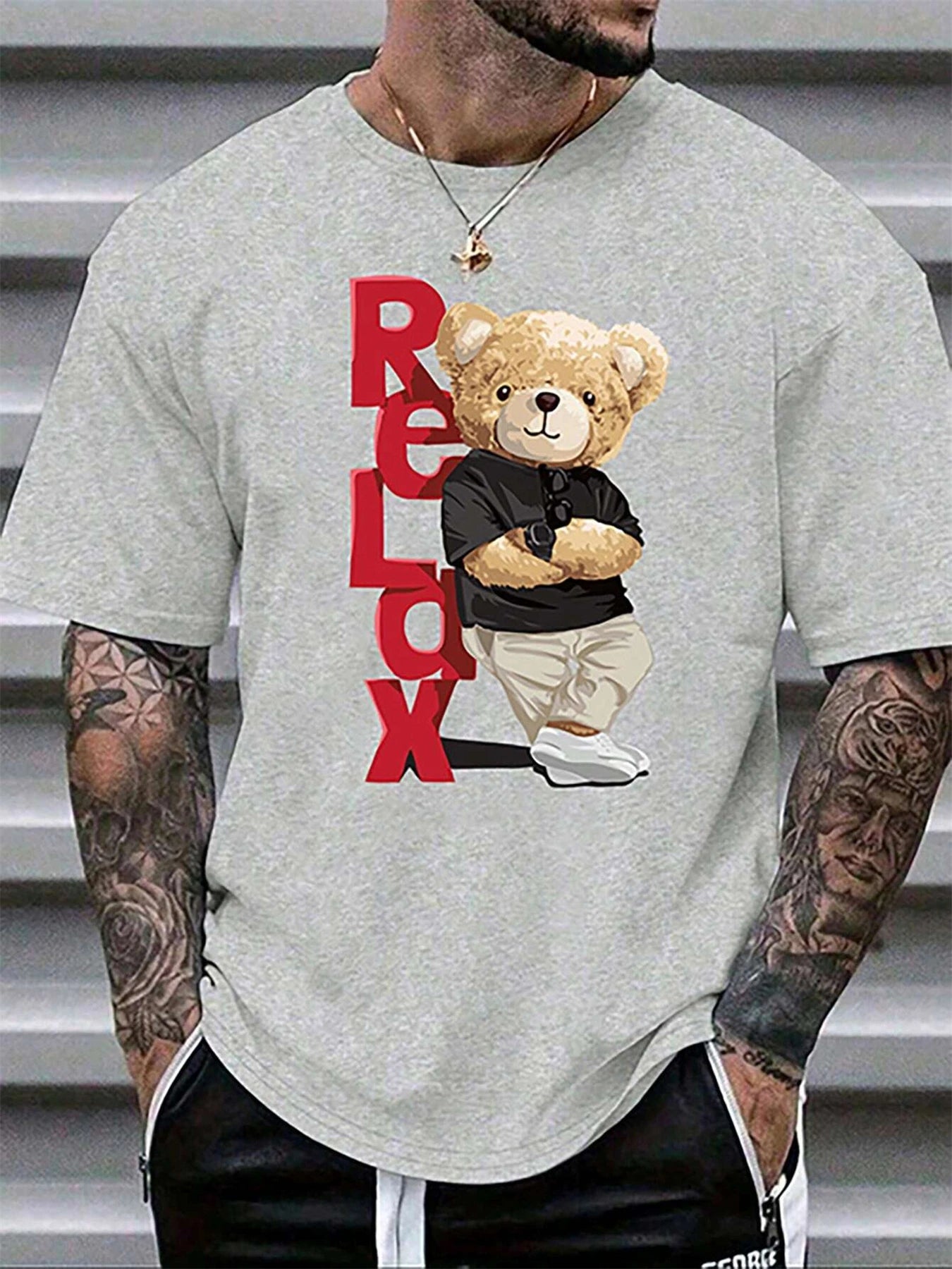 Men’s Summer Casual Loose Fit T-Shirt with Bear Letter Print, 100% Cotton, Round Neck, Short Sleeve, Plus Size Sports Tee