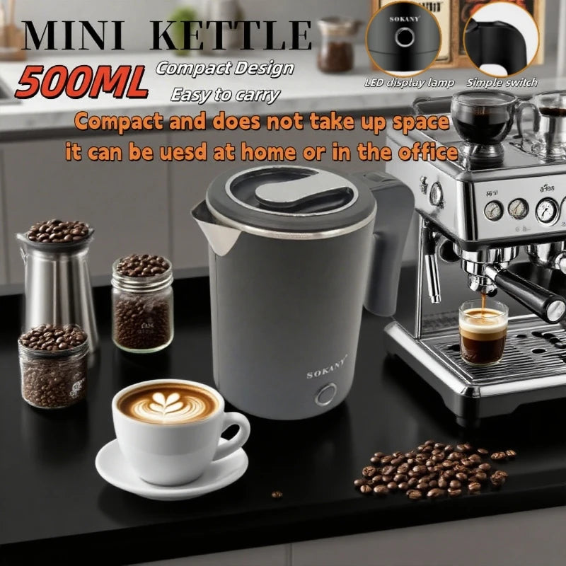 500ML Portable Electric Travel Kettle – Stainless Steel Water Boiler for Tea, Coffee, and More – Ideal for Home, Hotel &amp; Kitchen Use