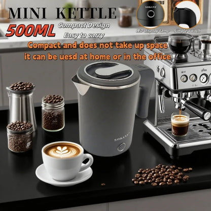 500ML Portable Electric Travel Kettle – Stainless Steel Water Boiler for Tea, Coffee, and More – Ideal for Home, Hotel &amp; Kitchen Use