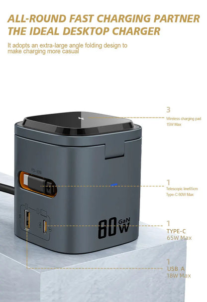 80W 6-in-1 GaN Fast Charger with Wireless Magnetic Adapter – Universal Multifunction Laptop Charging Hub (100-240V, 50/60Hz)