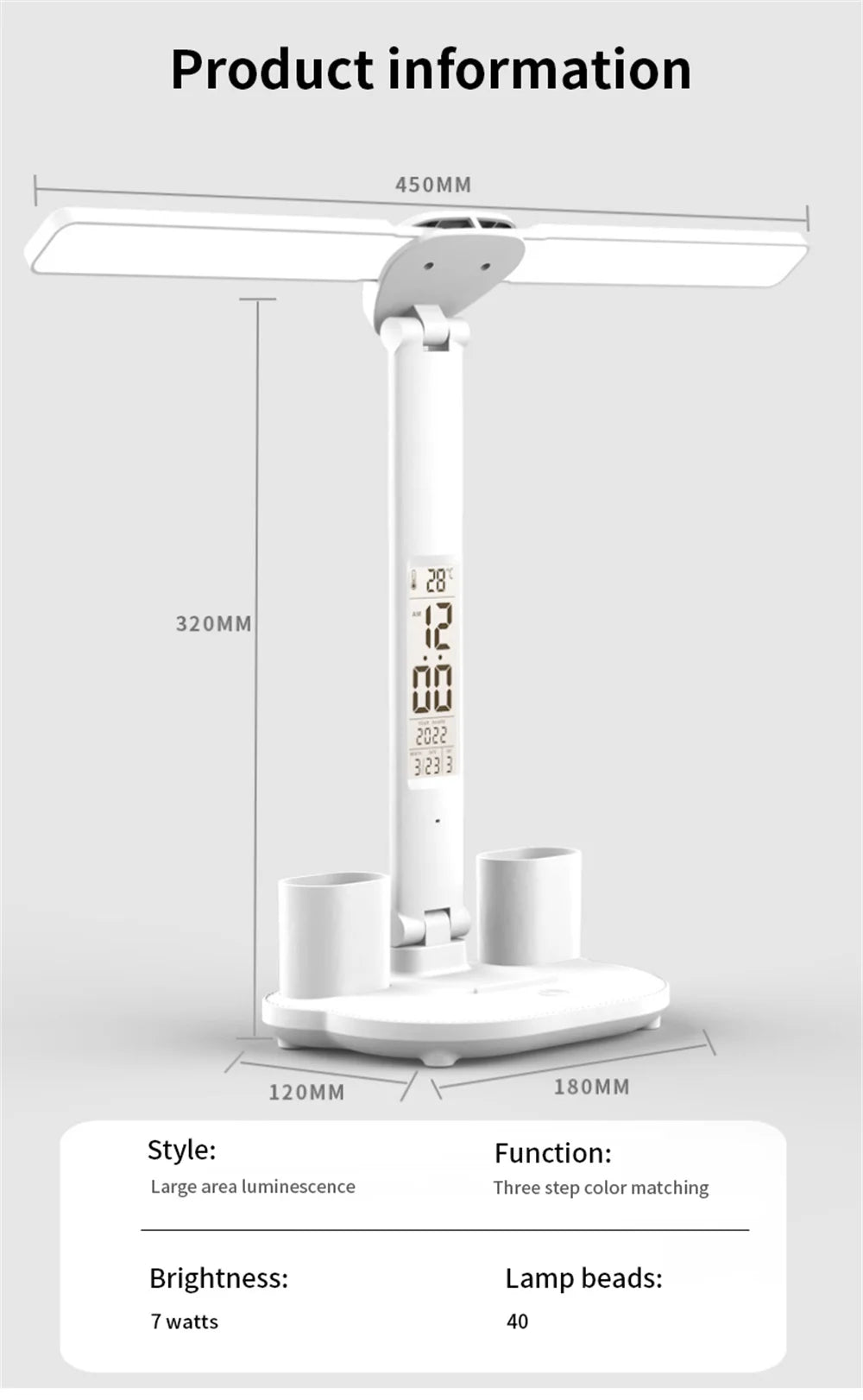 Foldable LED Table Lamp with Touch Dimming, USB Charging, Clock, Temperature Display &amp; Night Light – Ideal for Study &amp; Reading