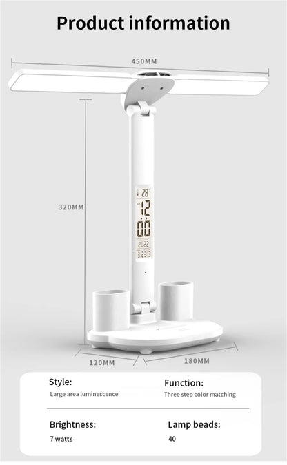 Foldable LED Table Lamp with Touch Dimming, USB Charging, Clock, Temperature Display &amp; Night Light – Ideal for Study &amp; Reading