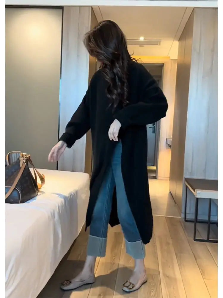 Chic Lazy Style Women’s Pullover Dress with Side Slits – Irregular Hem Slim Fit Knee-Length Knit Sweater Skirt