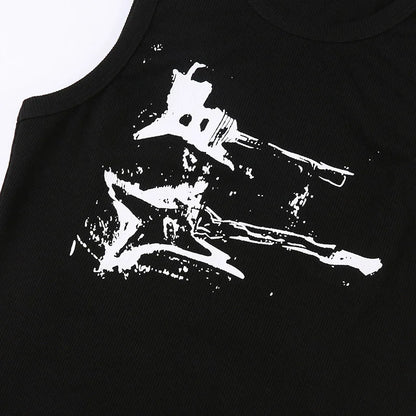 Y2K Ribbed Sleeveless Crop Tank Top for Women – Guitar Print Grunge Harajuku 90s Streetwear Casual Vest Tee