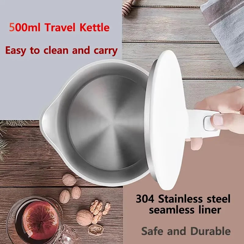 500ML Portable Electric Travel Kettle – Stainless Steel Water Boiler for Tea, Coffee, Hotel, Kitchen &amp; Family Use