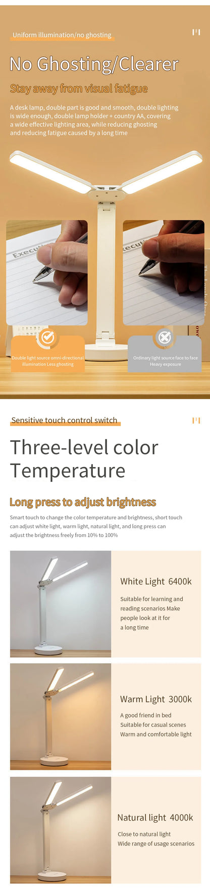 Foldable LED Table Lamp with Touch Dimming, USB Charging, Clock, Temperature Display &amp; Night Light – Ideal for Study &amp; Reading