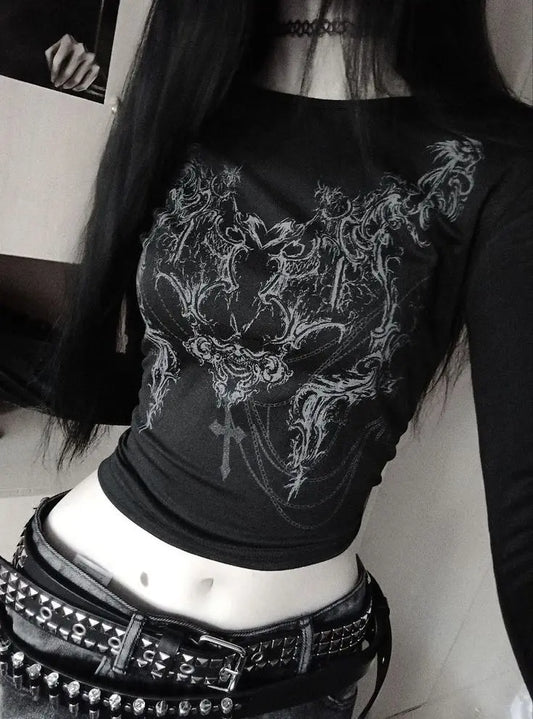 Women's Gothic Punk Long Sleeve Crop Top – Y2K Grunge Streetwear Tee &nbsp;