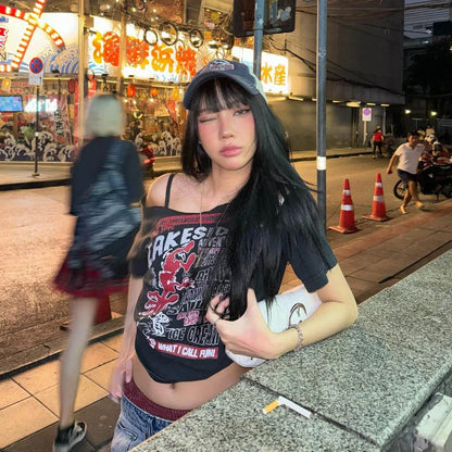 Y2K Off-Shoulder Gothic Crop Tee – Women's Letter Print Punk Streetwear Top, Grunge Aesthetic Harajuku Summer T-Shirt