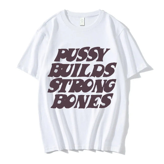 Playboi Carti Vintage-Inspired 'Pussy Builds Strong Bones' Graphic Tee – Oversized Hip-Hop Style Cotton T-Shirt for Men