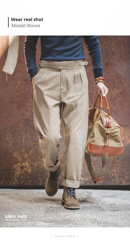 Classic Vintage Khaki Gurkha Pants for Men – Adjustable High Waist Casual Cargo Trousers for Spring and Fall