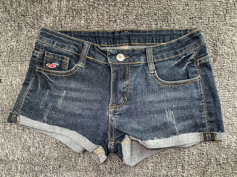 Summer Korean Style Low Waist Slim Fit Denim Shorts for Women, Y2K Elastic Hot Pants with Embroidery and Wrapped Design