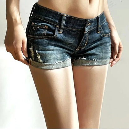 Women's Summer Deep Blue Denim Shorts – Low Waist, Slim Fit, Elastic Hot Pants, Sexy Korean-Style Hip-Hugging Jeans