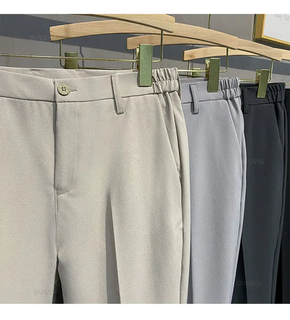 2025 Spring-Summer Men's Slim Fit Casual Business Jogger Pants with Elastic Waist, Available in Plus Sizes 40 and 42, Black