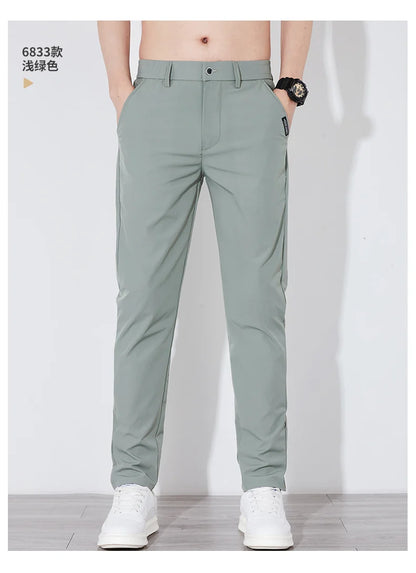 Men's Summer Silk-Feel Stretch Trousers – Lightweight Classic Business Casual Pants with Elastic Waist – Korean Style Smooth Suit Pants in Black or Gray