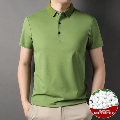Luxury Summer Men’s Polo Shirt – Premium Plain Design with 4.7% Mulberry Silk, Short Sleeve, Lightweight Casual Fashion Top