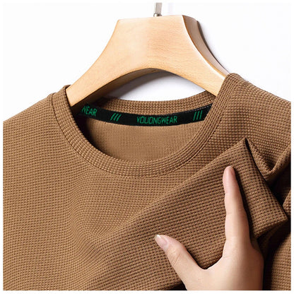 Men’s Summer Casual Waffle O-Neck Short Sleeve T-Shirt – Breathable Solid Color Fashion Tee