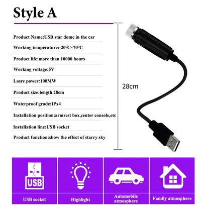USB LED Starry Sky Projector Light – Car Interior Ambient Light, Spot Lamp, Decorative Atmosphere Lighting