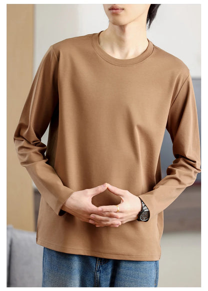 Men's Summer Long Sleeve T-shirt – Solid Color, Round Neck, Casual Style, Made from Mercerized Cotton