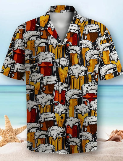 Men’s Short Sleeve Beer Print Button-Down Shirt with Lapel Collar – 3D Design for Summer Parties and Resort Holidays, Hawaiian Vibes