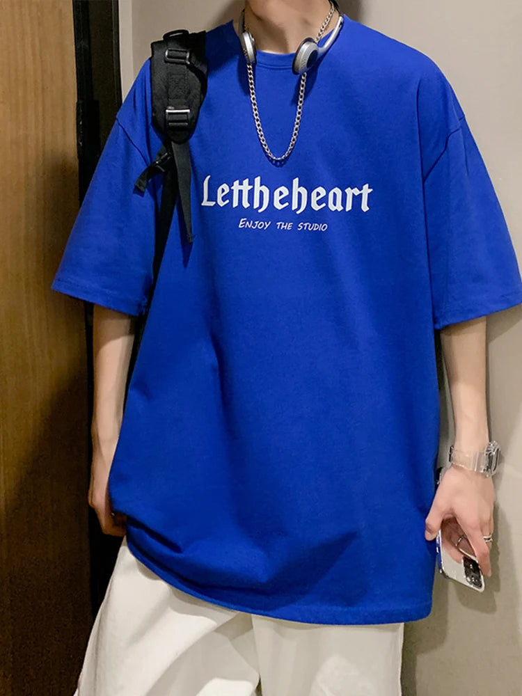 Men's Oversized Streetwear T-Shirt – Harajuku Style Graphic Tee with Gothic Letter Print – Vintage Hip Hop Punk Look for Summer – Casual Loose Fit in Blue &nbsp;