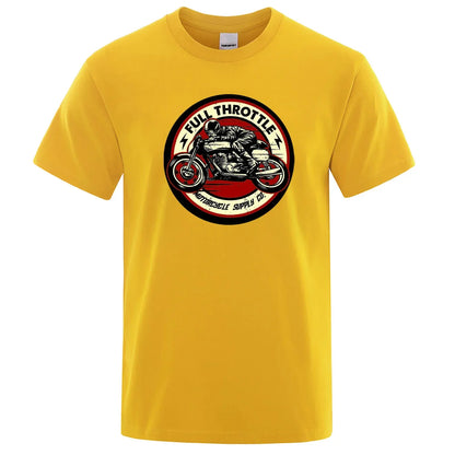 Full Throttle Motorcycle Graphic T-Shirt – Rockabilly Biker Style Cotton Tee for Men, Casual Loose Fit Summer Top